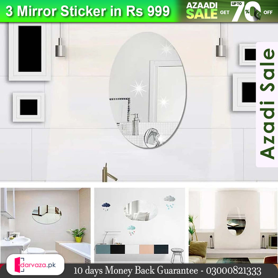 Azaadi Sale Offer 3 Pcs FlexibleSelf Adhesive Oval Shape Mirror Sticker (3 Pcs)