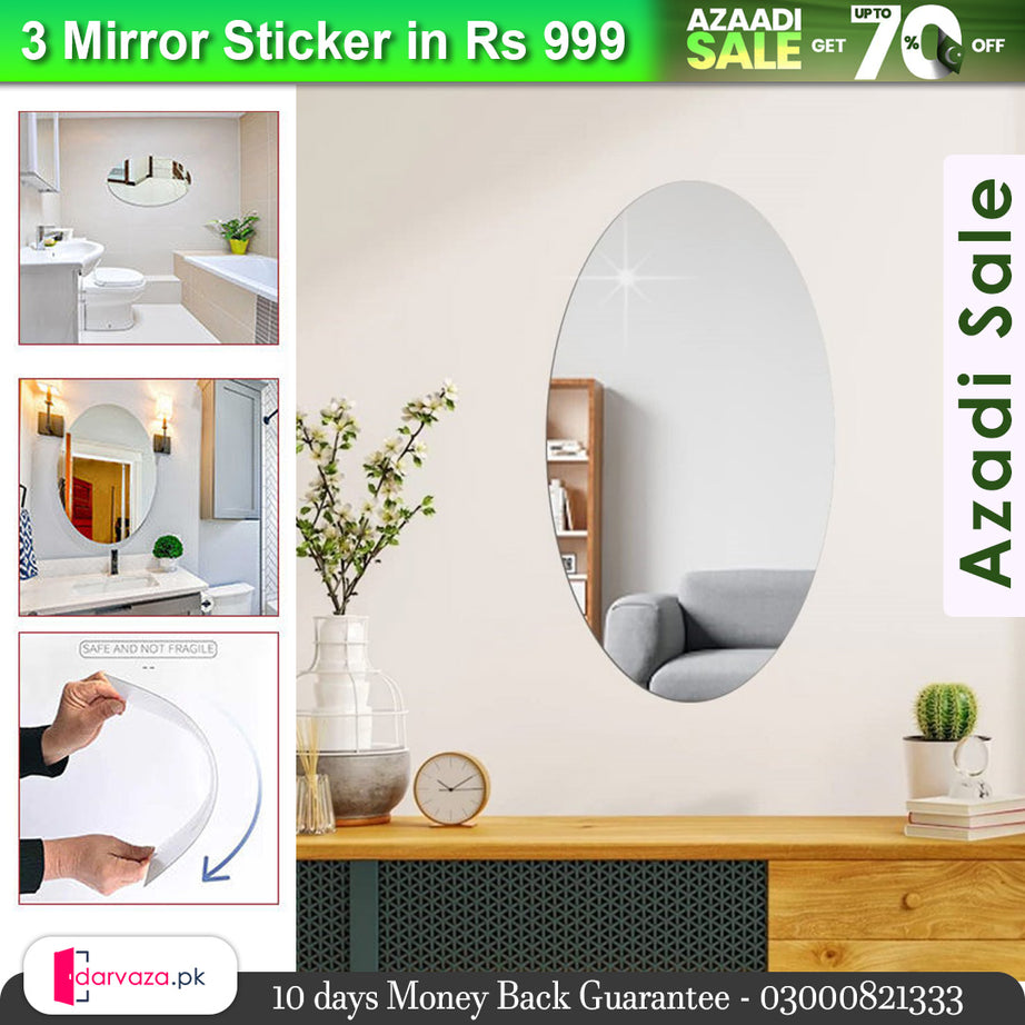 Azaadi Sale Offer 3 Pcs FlexibleSelf Adhesive Oval Shape Mirror Sticker (3 Pcs)