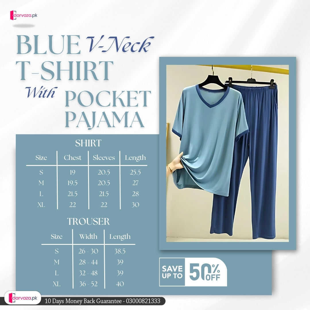 New Blue V-Neck T-Shirt with Contrast Pocket Pajama
