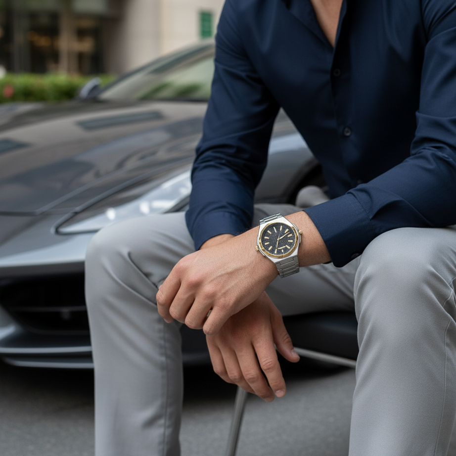 Danel Imperial Silver & Black Dial with Gold-Line Men Watch