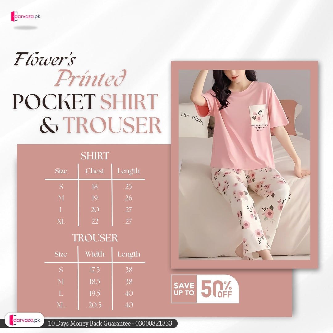Pink Flower Printed Pocket Half Sleeves Shirt and White Flower Printed Trouser Nightwear