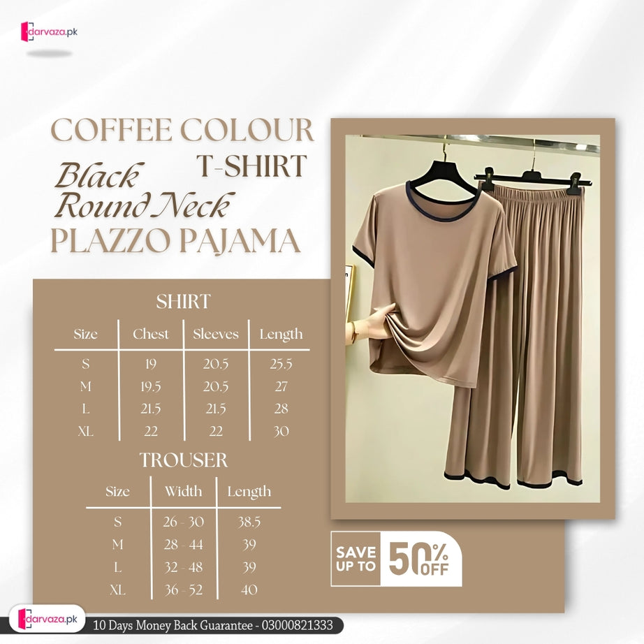 Plain Coffee Colour T-Shirt with Black Round Neck and Plazzo Pajama