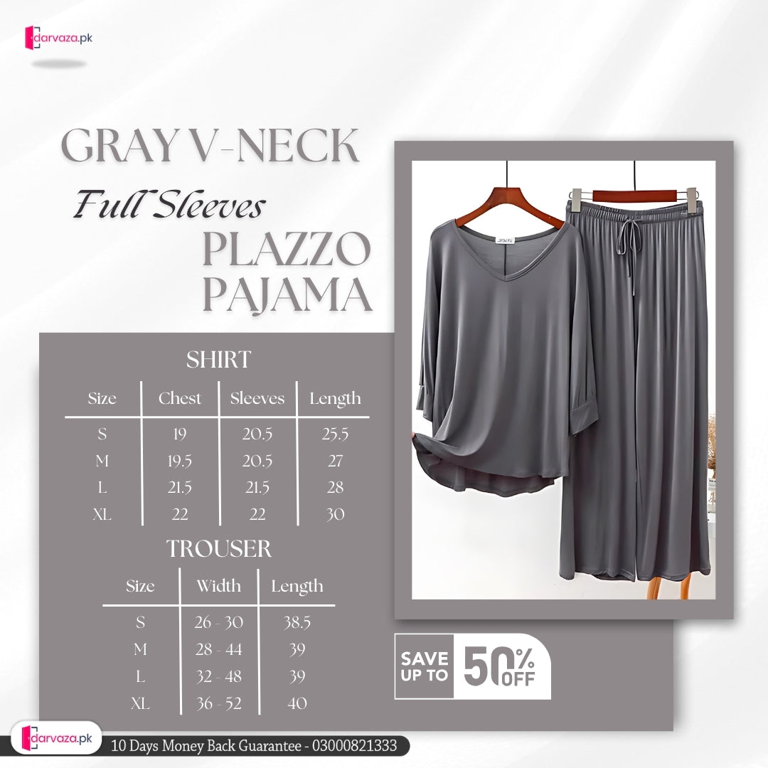 Plain Gray V-Neck with Plazzo Pajama Full Sleeves Suit