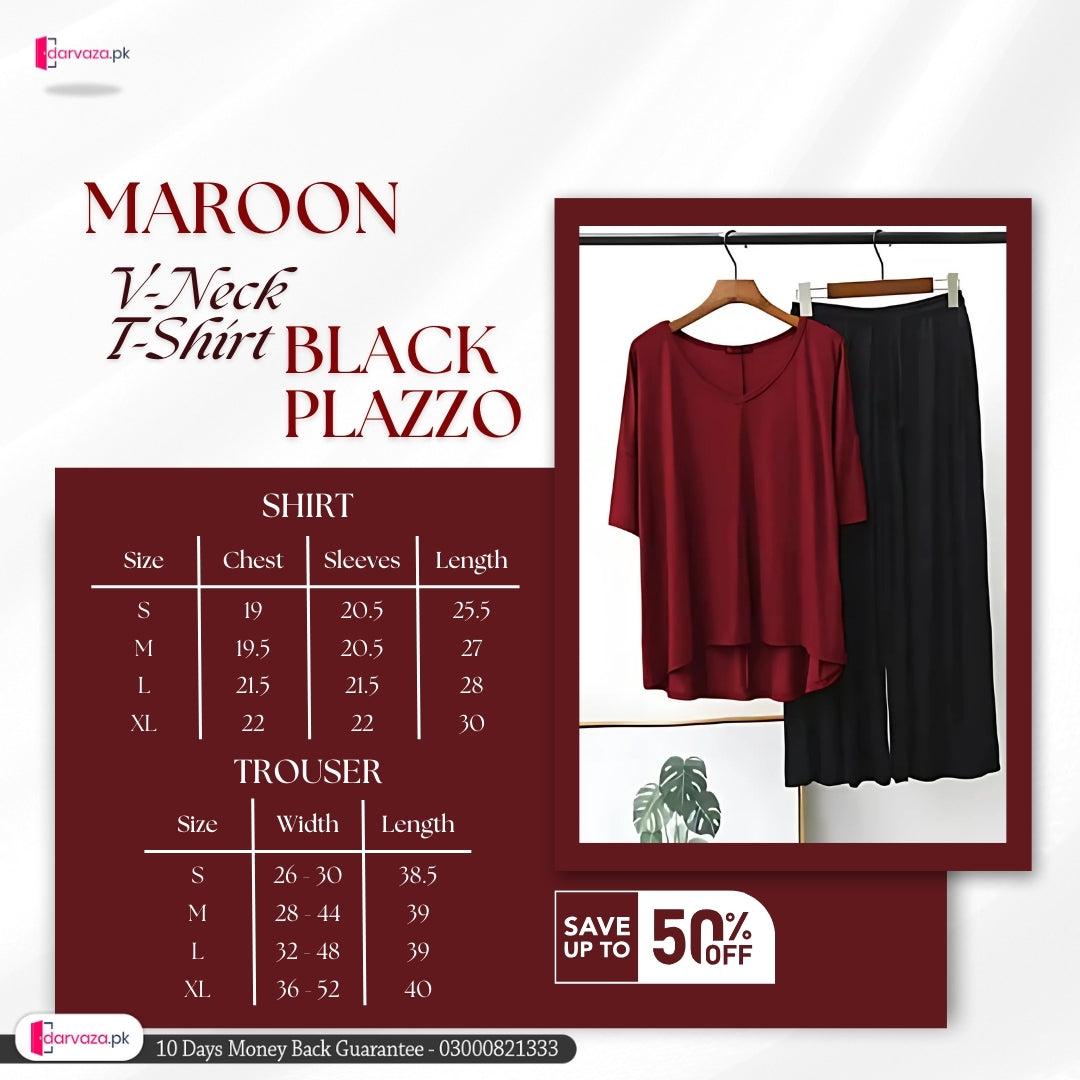 Plain Maroon V-Neck T-Shirt with Black Plazzo