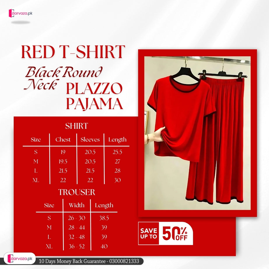 Plain Red T-Shirt with Black Round Neck and Plazzo Pajama