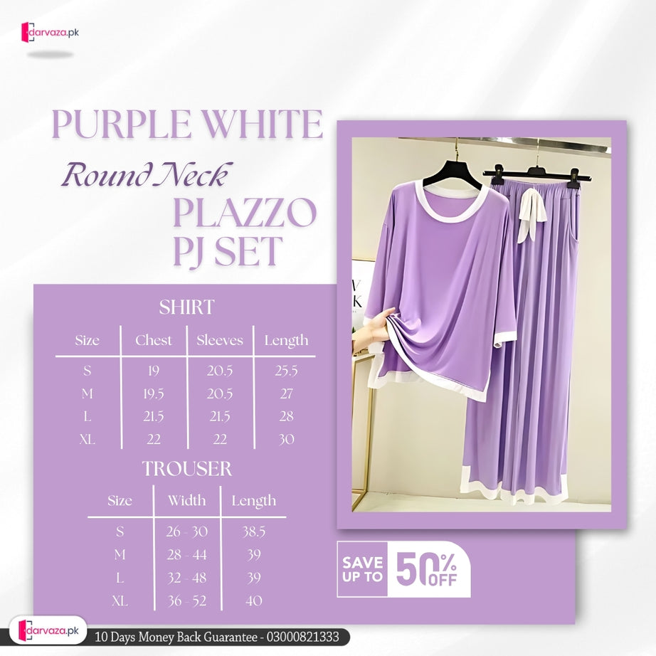 Purple White Round Neck Plazzo PJ Set