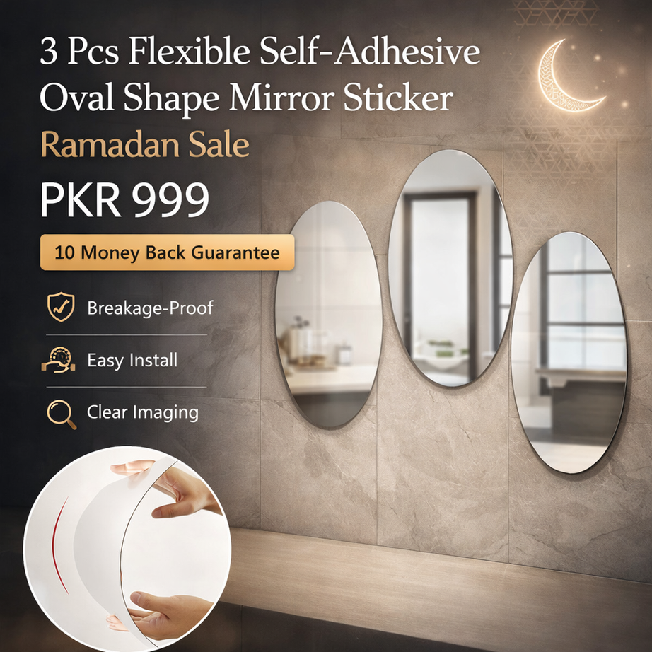 Azaadi Sale Offer 3 Pcs FlexibleSelf Adhesive Oval Shape Mirror Sticker (3 Pcs)