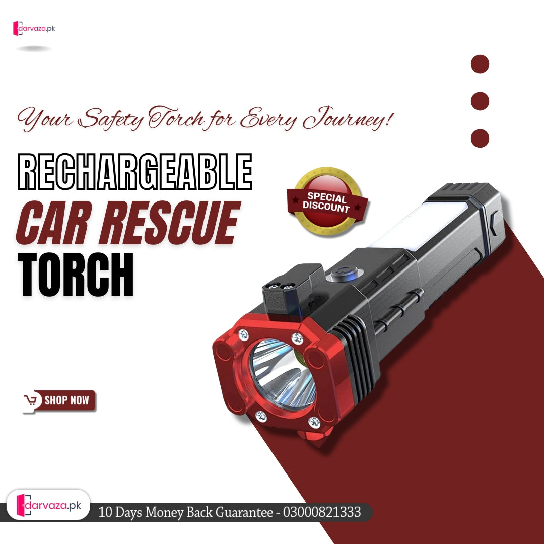 Rechargeable Long Distance Beam Range Car Rescue Torch with Hammer Window Glass and Seat Belt Cutter Built in Mobile USB Fast Charger Power Bank