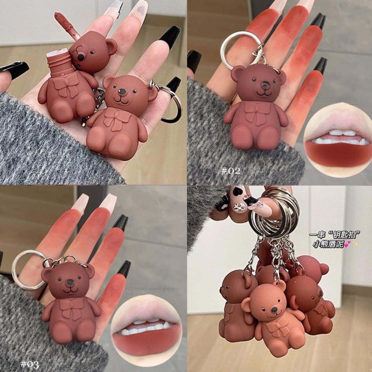 (Pack of 6) Teddy Keychain Makeup Lipstick Gloss with Different Colors For Women
