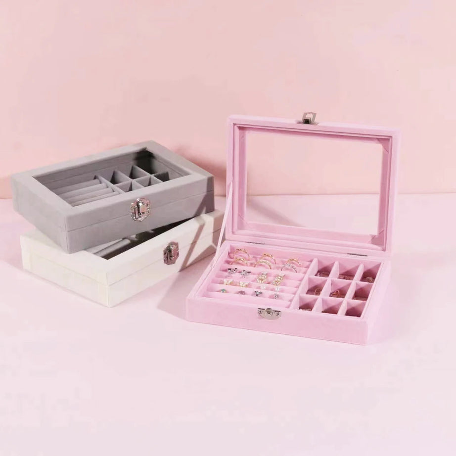 Velvet Glass Ring Earring Jewelry Display Organizer Box