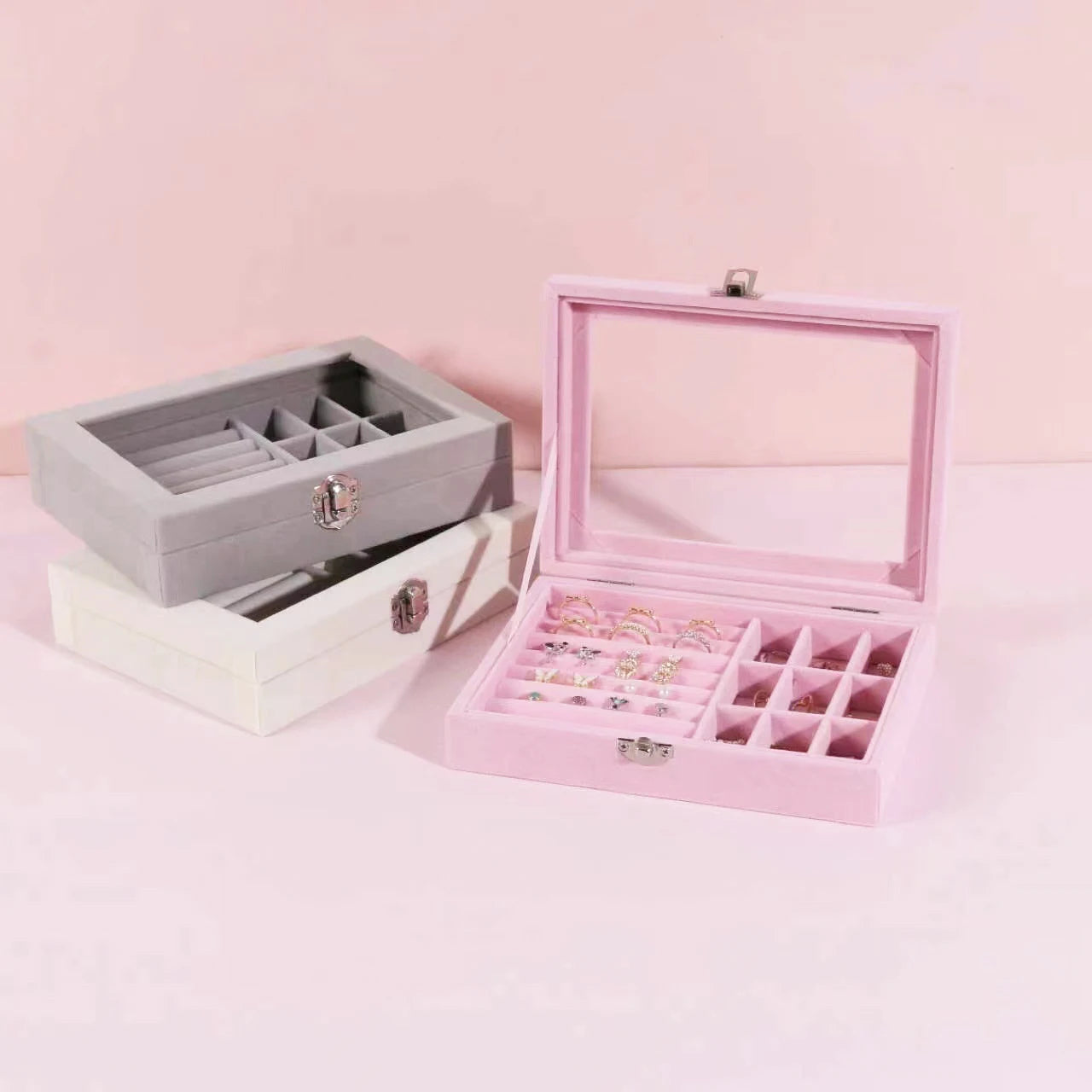 Velvet Glass Ring Earring Jewelry Display Organizer Box