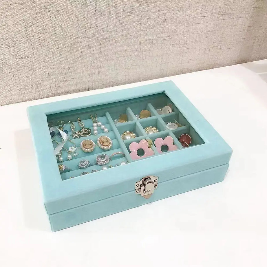 Velvet Glass Ring Earring Jewelry Display Organizer Box