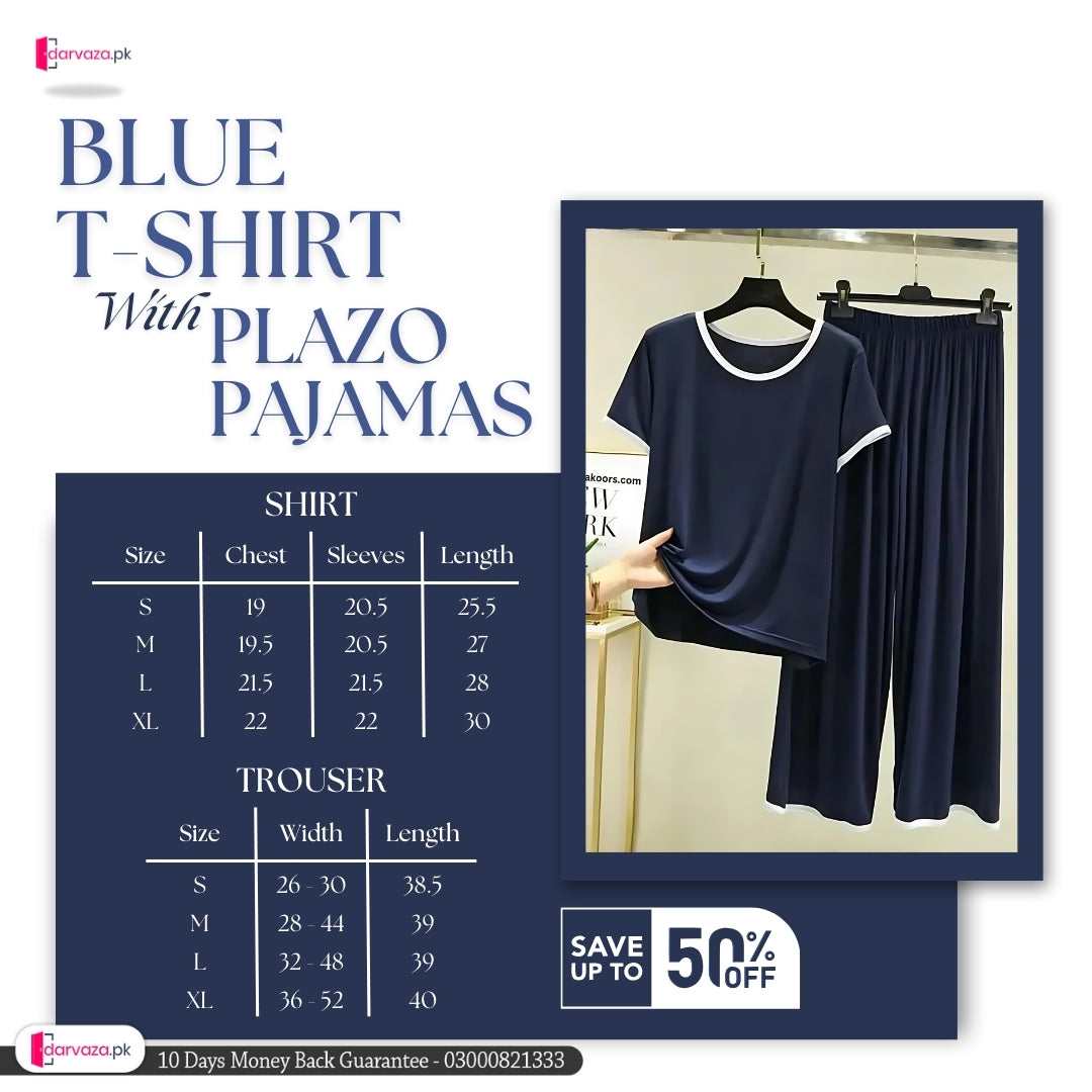 Plain Blue T-Shirt with White Round Neck and Plazo Pajama
