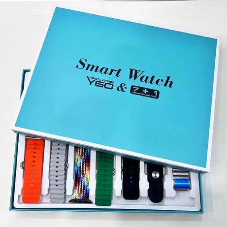 Ultra Y60 Premium Quality 8 in 1 Smartwatch – 7 Variable Straps & Chain & Ocean Strap With Ultra Watch Case & Wireless Charger in just Rs 6499