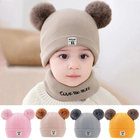 Woolen Warm Double Pom Pom Cap Beanie Hat and Muffler Winter Accessories for Baby Boys and Girls
