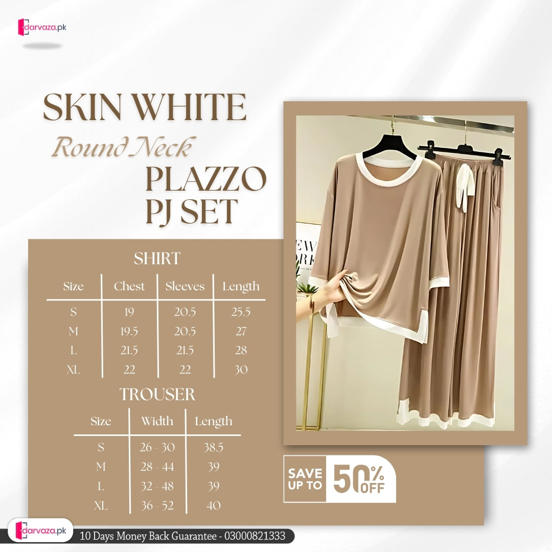 Skin White Round Neck Plazzo PJ Set