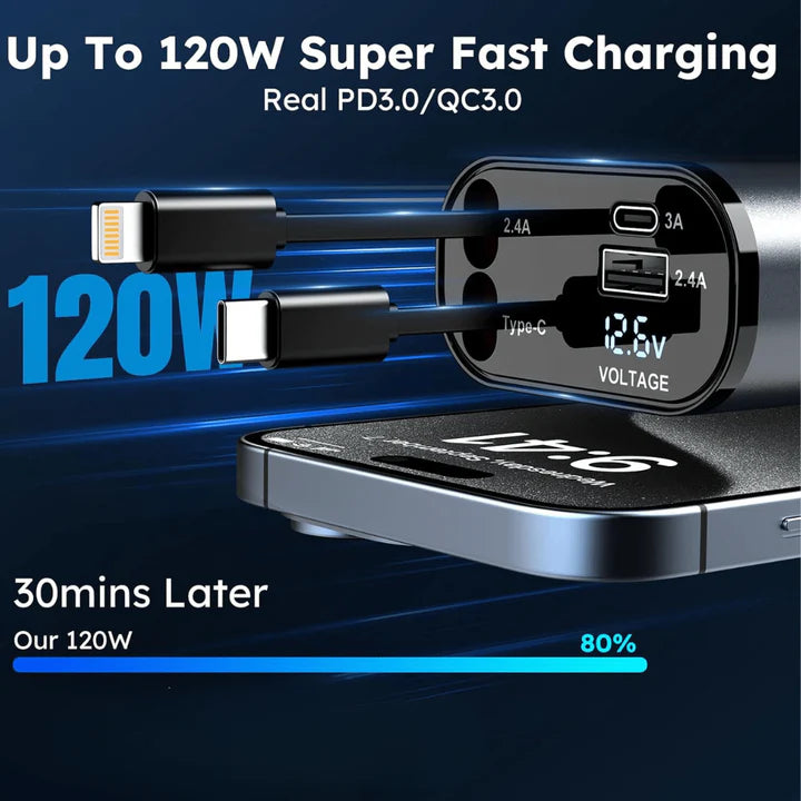 Upgraded 4 in 1 Retractable Car Charger 120W Super Fast Car Phone Charger Adapter
