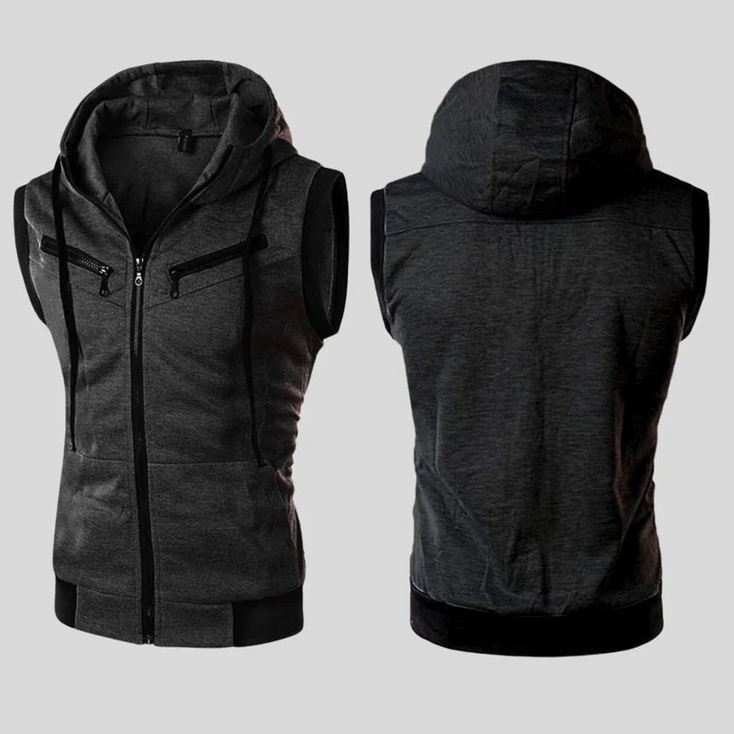 Sleeveless Zipper Hoodie in Charcoal Dark Gray Color