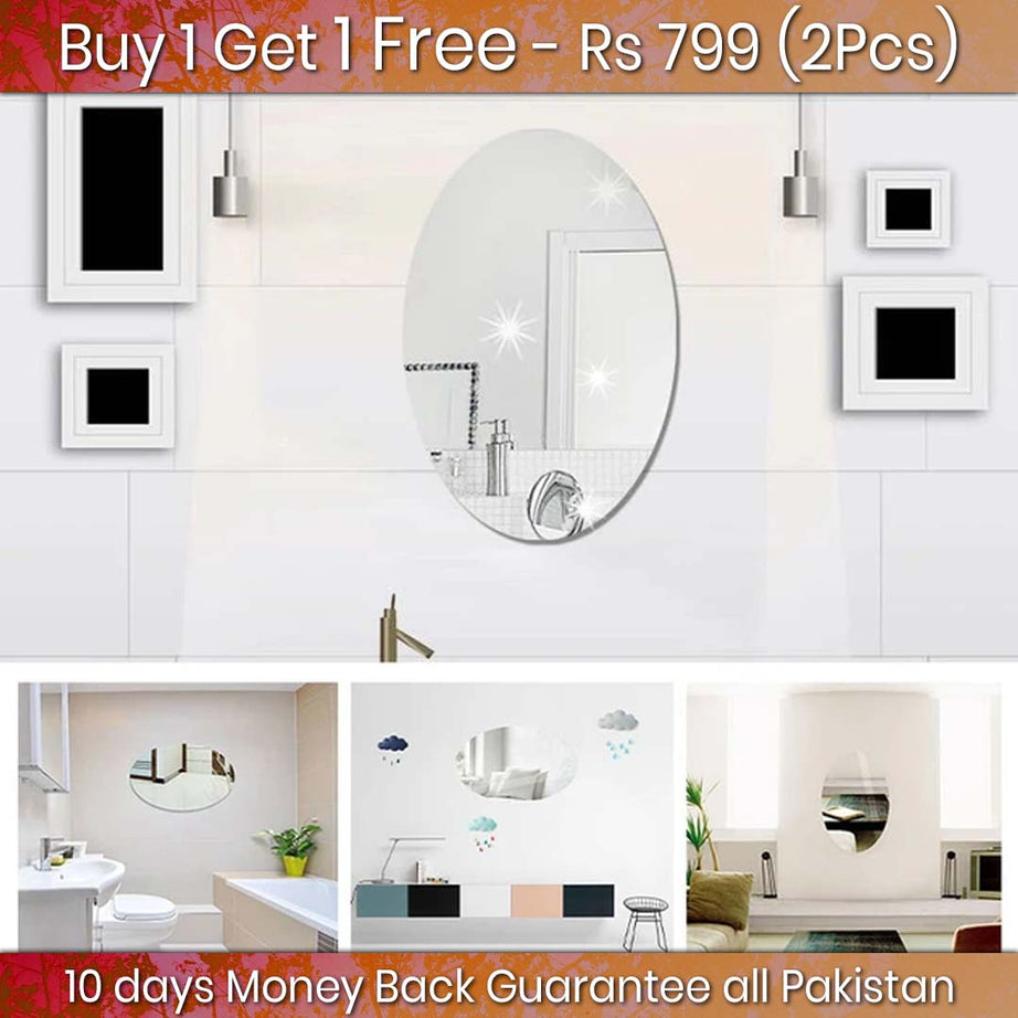 Buy 1 Get 1 Free Offer - Shatterproof, Flexible, Stylish and Self Adhesive Oval Shape Mirror Sticker (2 Pcs)