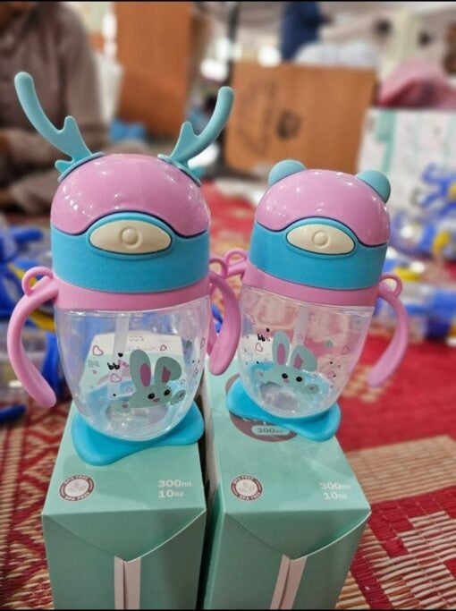 Portable Stain Resistant Kids Cute Bear Cartoon Straw Cup Water Bottle with Carry Strap and Measurement Marks For Children