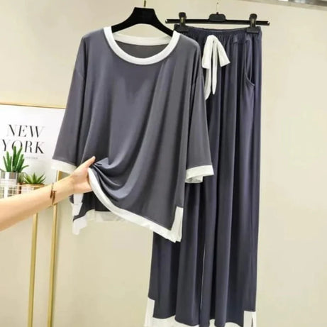 Grey White Round Neck Plazzo PJ Set