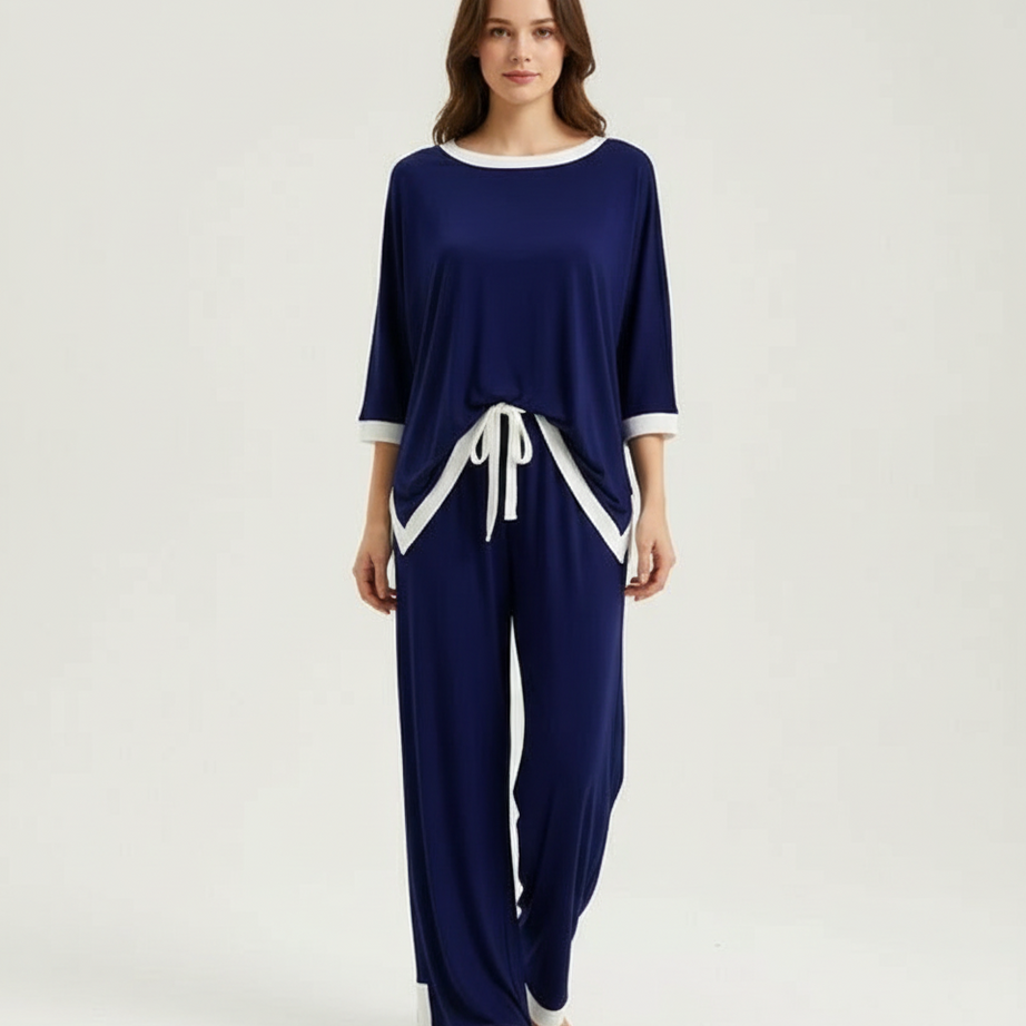 Navy Blue White Round Neck Plazzo PJ Set