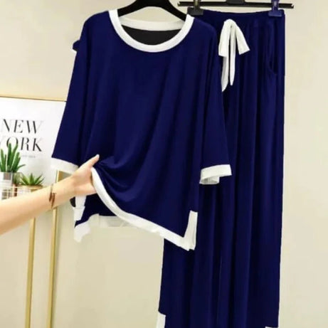 Navy Blue White Round Neck Plazzo PJ Set