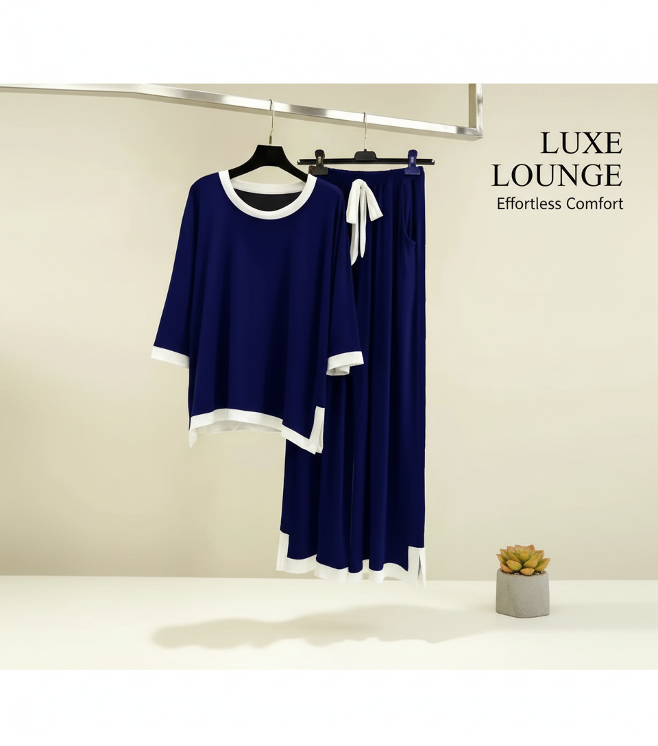 Navy Blue White Round Neck Plazzo PJ Set