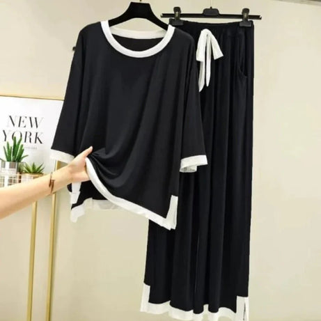 Black White Round Neck Plazzo PJ Set