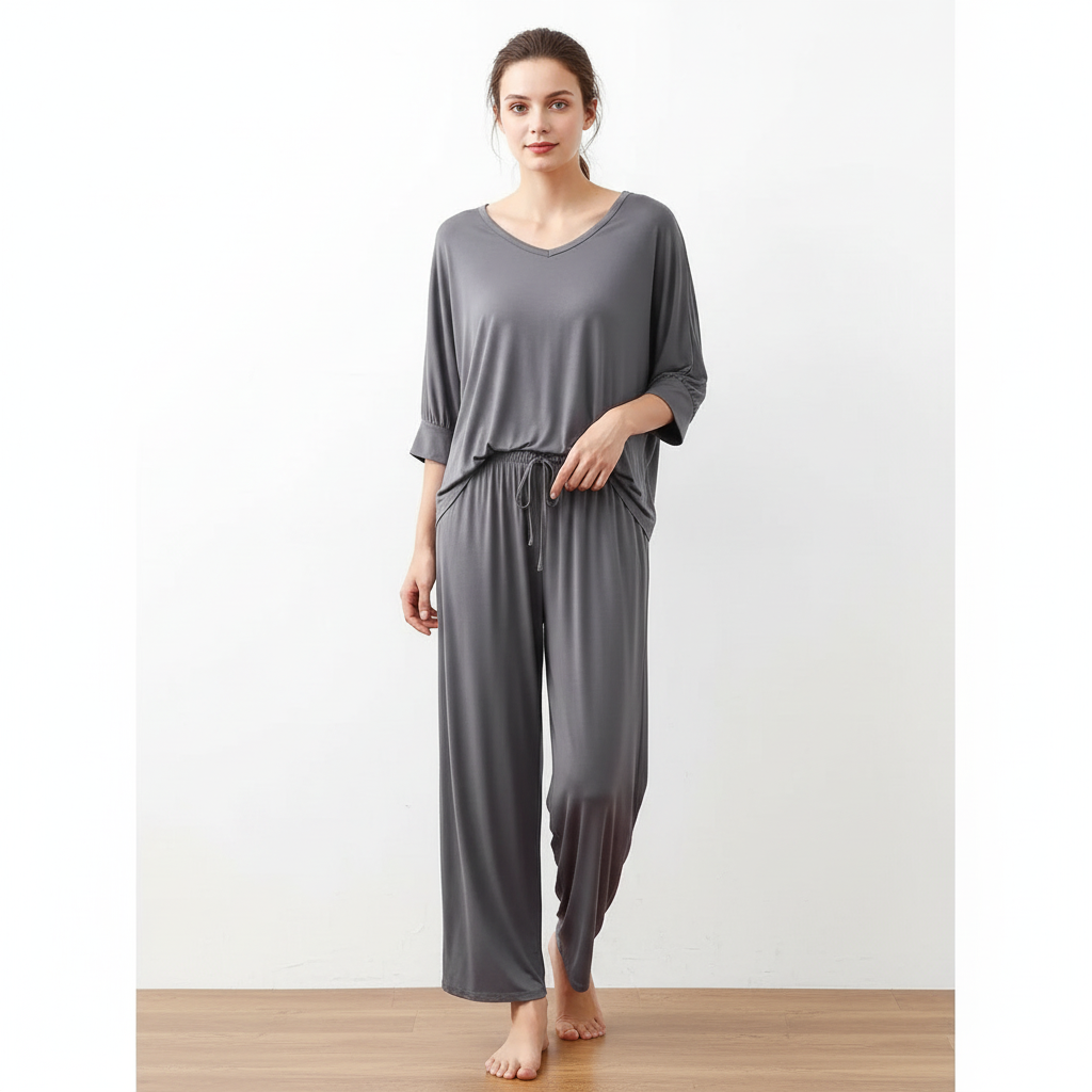 Plain Gray V-Neck with Plazzo Pajama Full Sleeves Suit