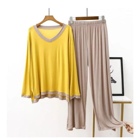 Yellow V-Neck T-Shirt with Contrast Trouser PJ Set