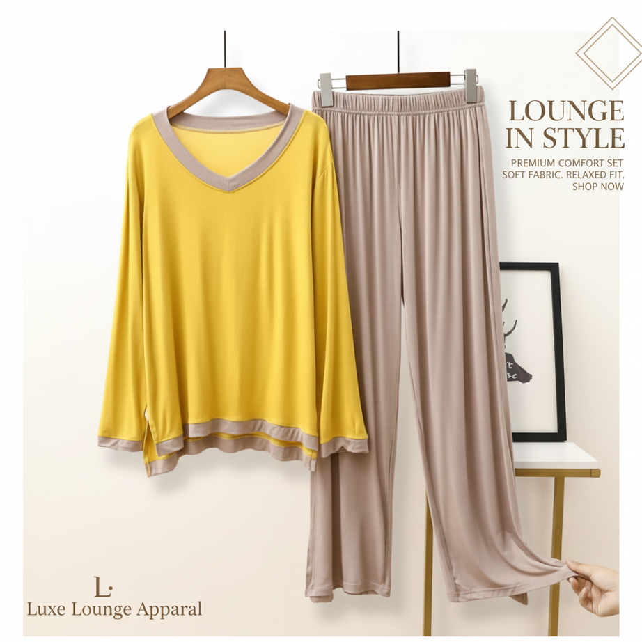 Yellow V-Neck T-Shirt with Contrast Trouser PJ Set