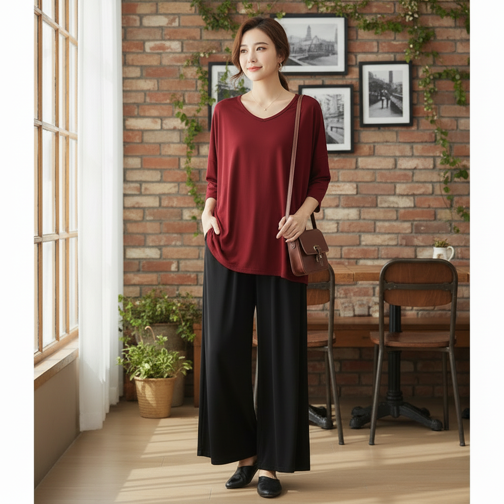 Plain Maroon V-Neck T-Shirt with Black Plazzo