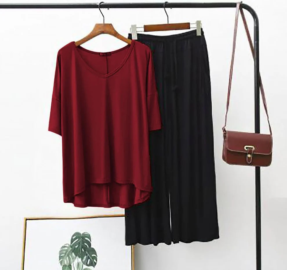 Plain Maroon V-Neck T-Shirt with Black Plazzo