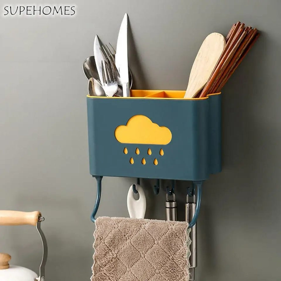 Kitchen Cloud Shelf Wall Mounted Cutlery Drainer Rack With 4 Hooks &amp; Towel Holder for Kitchen