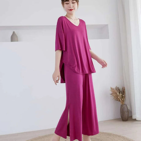 Shocking Pink V-Neck Quarter Sleeves with Cut Style Pajama