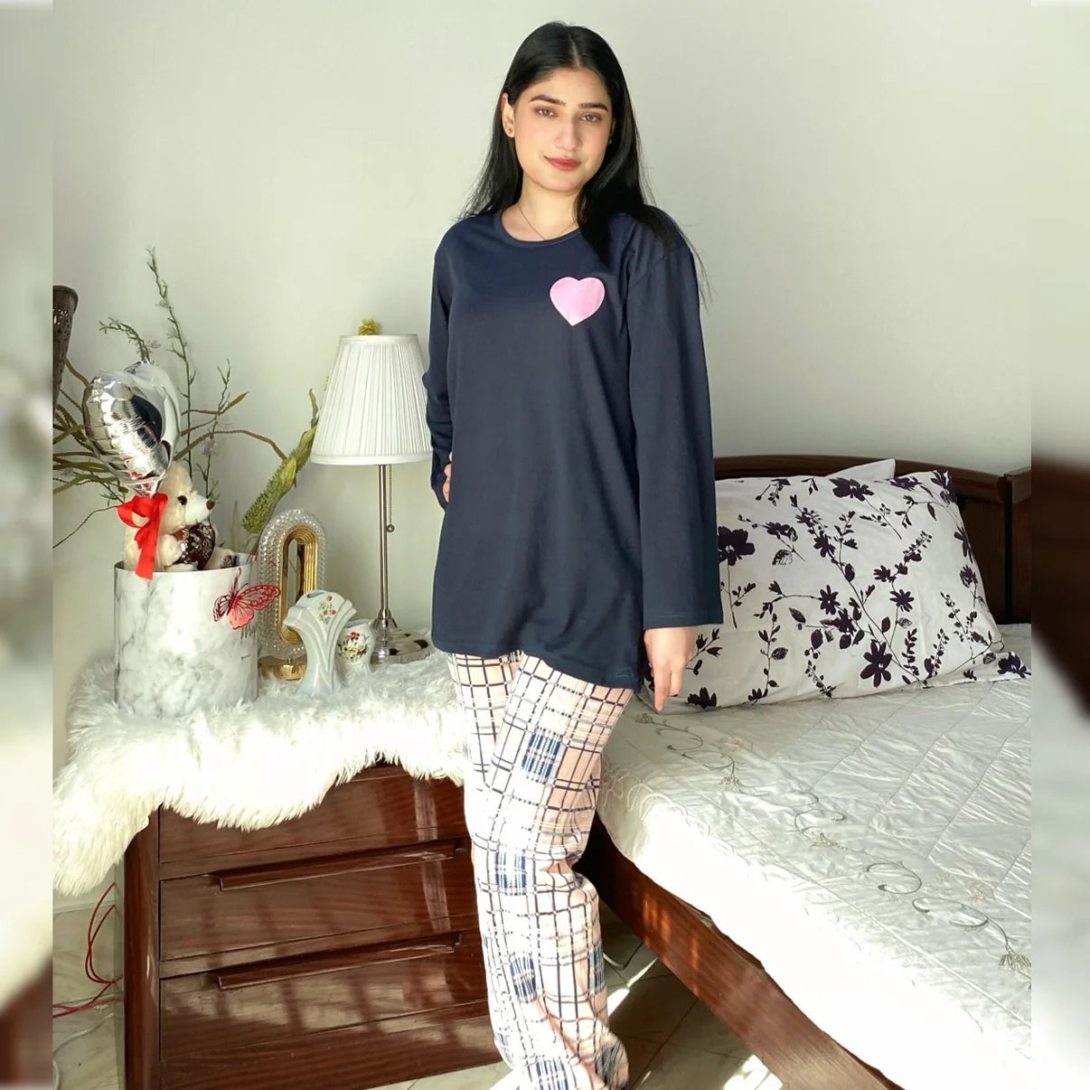 Blue Pink Check Style Nightwear Set