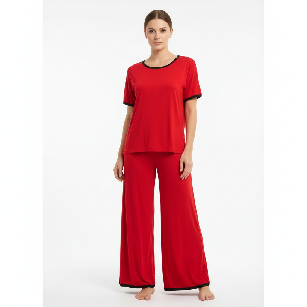 Plain Red T-Shirt with Black Round Neck and Plazzo Pajama