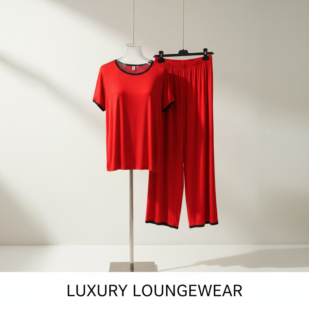 Plain Red T-Shirt with Black Round Neck and Plazzo Pajama
