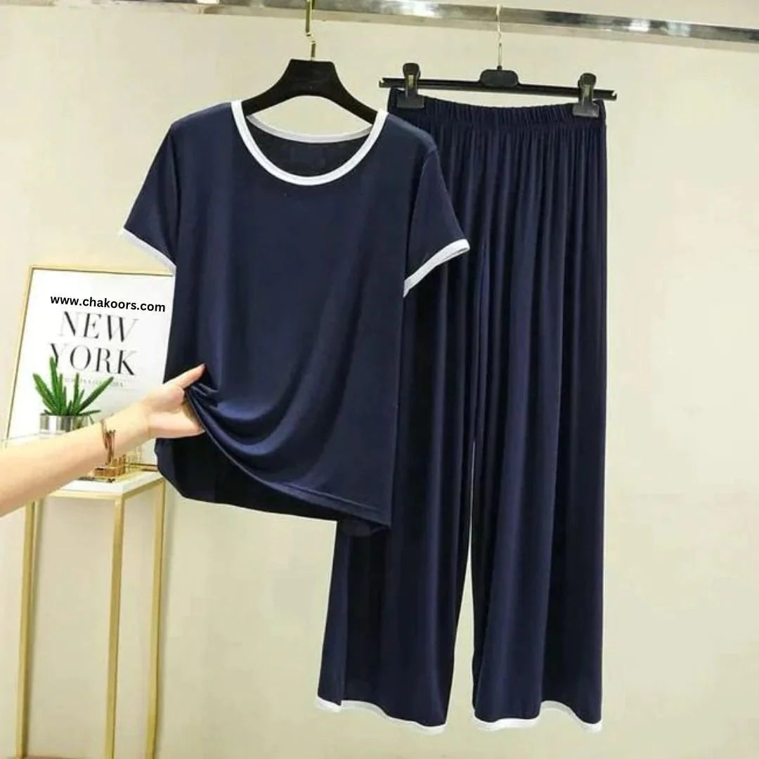 Plain Blue T-Shirt with White Round Neck and Plazo Pajama