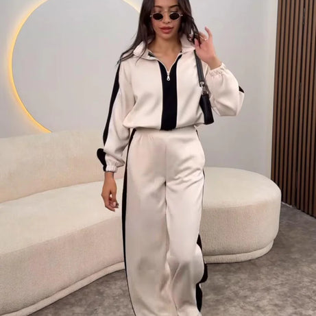 Zipper Twin Color Winter Fleece Fabric Track Suit Beige and Black