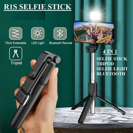 4 in 1 R1S Stainless Steel Selfie Stick Tripod with Wireless Remote for Live Streaming & Video Recording