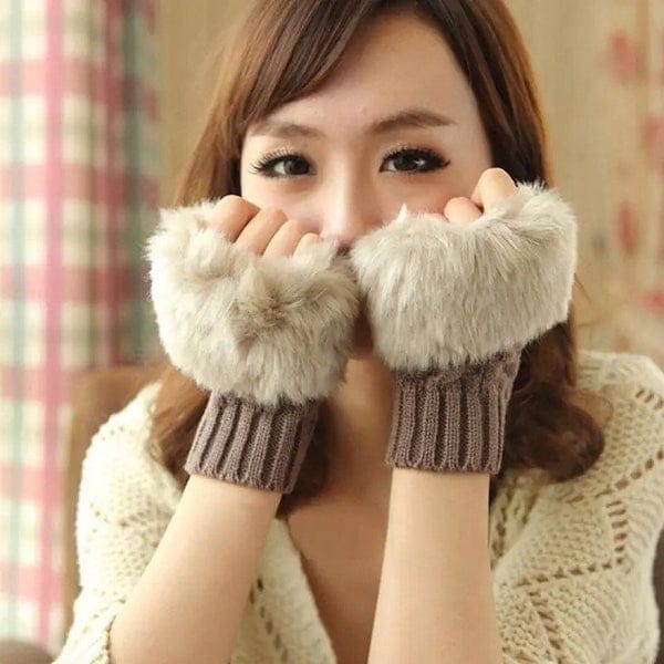 Winter Faux Fur Warm Knitted Half Finger Gloves Pair For Women