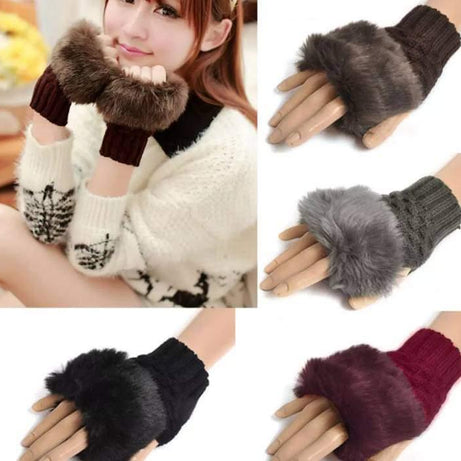 Winter Faux Fur Warm Knitted Half Finger Gloves Pair For Women