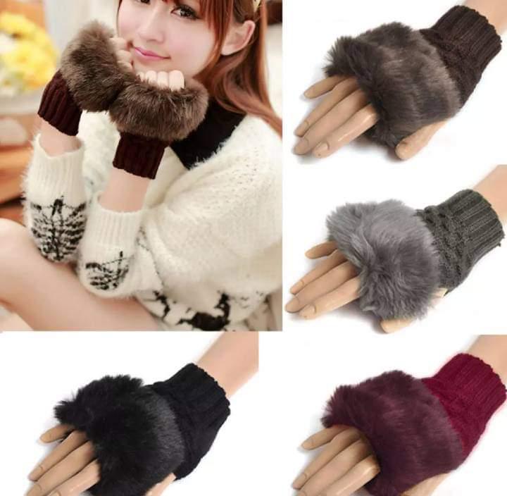 Winter Faux Fur Warm Knitted Half Finger Gloves Pair For Women