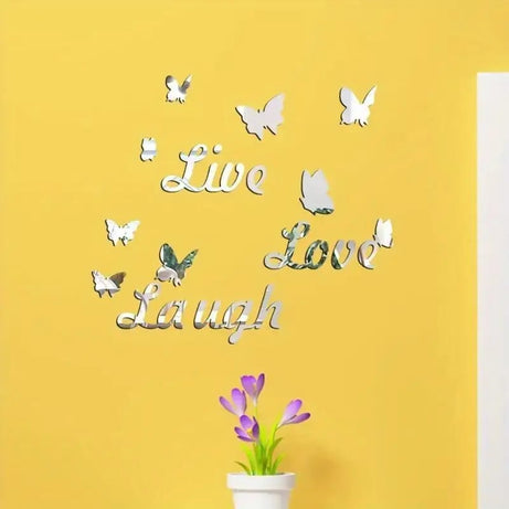 Three Dimensional 3D Letters Love Live Laugh with Butterfly Self Adhesive Mirror Wall Decals Stickers Set For Home Decoration
