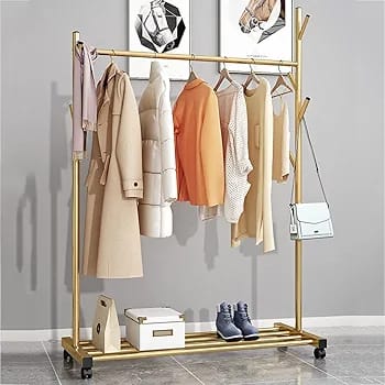 Garment Floor Standing Clothes Rails Rolling Coat Rack with 6 Side Hooks Bottom Storage Shelf and Lockable Wheels with Box