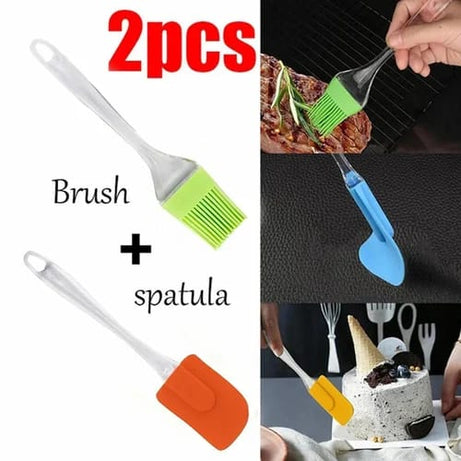 2 Pcs Silicone Transparent Handle Oil Brush and Spatula For Cooking Baking BBQ Tool Set