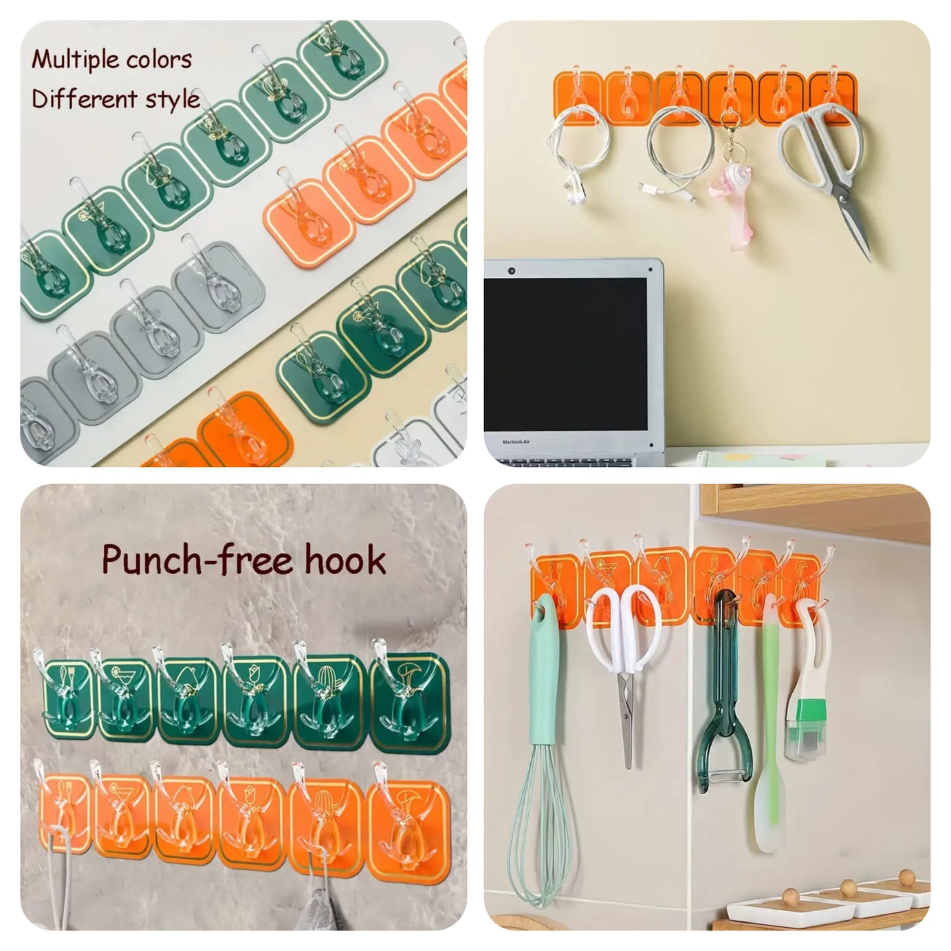 (Pack of 2) Wall Mounted Punch Free Strong Self Adhesive Stylish 6 Hook in Row For Home and Outdoor Use