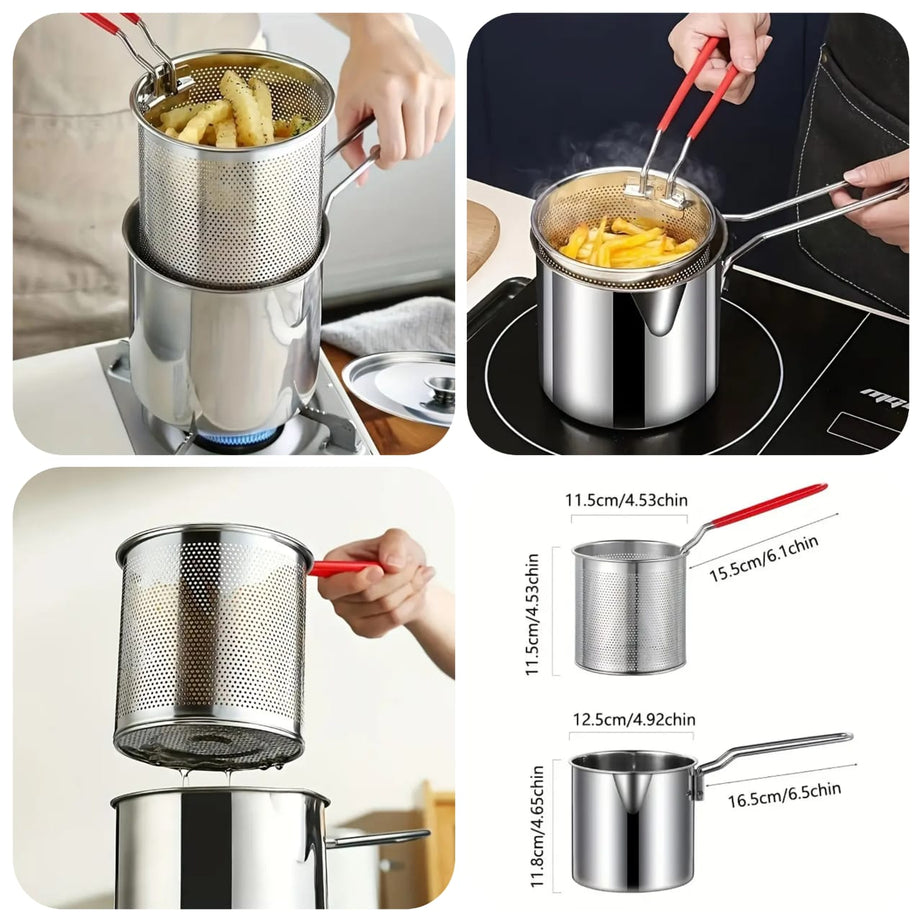 Multi Functional Stainless Steel Rust Resistant 1200ML Deep Fryer Pot with Strainer Basket and Long Handle Kitchen Oil Frying Pot Kettle for Home Use